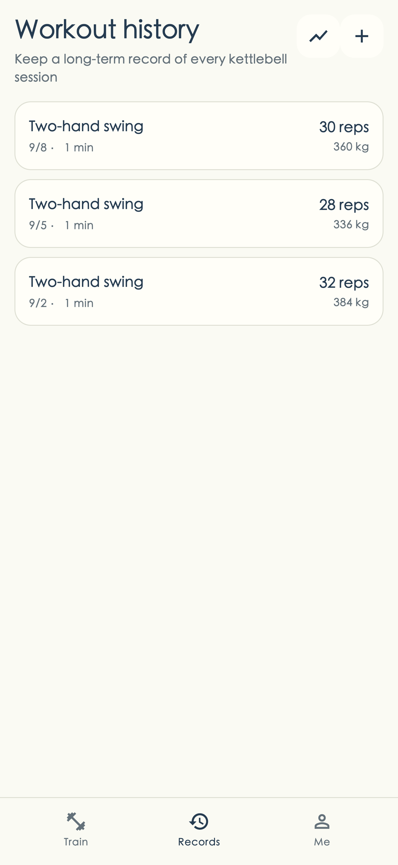 App screen: workout history