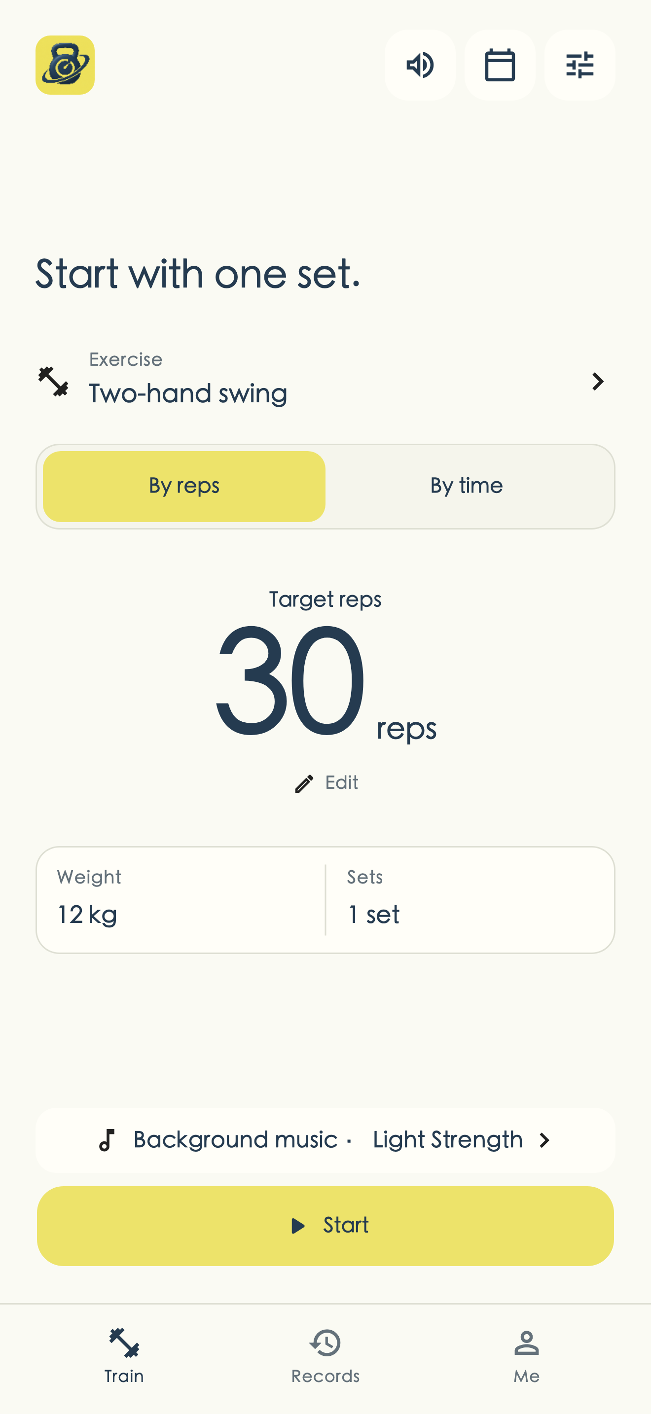 App screen: training setup